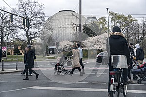 Pedestrians in front of the Zeiss Major Planetarium, Berlin, Germany